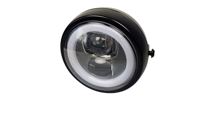 LED Motorradscheinwerfer schwarz mit nur 120 mm Durchmesser und rundem  Tagfahrlicht, Befestigung unten